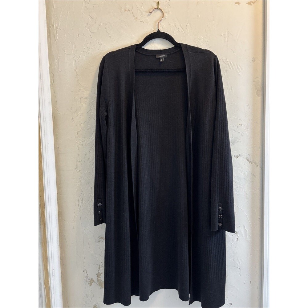 Talbots Womens Medium Long Open Front Cardigan Black Cozy Office Casual
